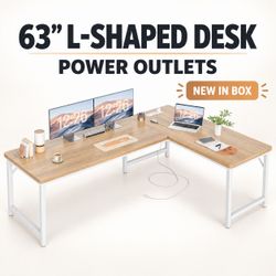 63” L-Shaped Desk with Power Outlets – Reversible Maple, 300 lb Capacity