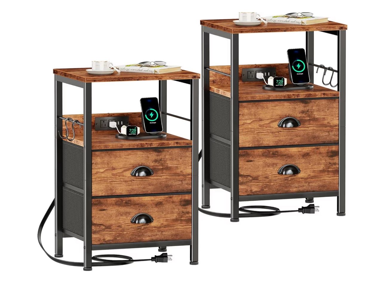 (8888-0) Furologee Nightstand Set of 2, Rustic Brown, with Charging Station and USB Ports, Side Tables with 2 Fabric Drawers, Bedside Tables with Stor