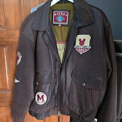 Vintage Disney Mickey Mouse World Explorer brown leather bomber jacket - XL