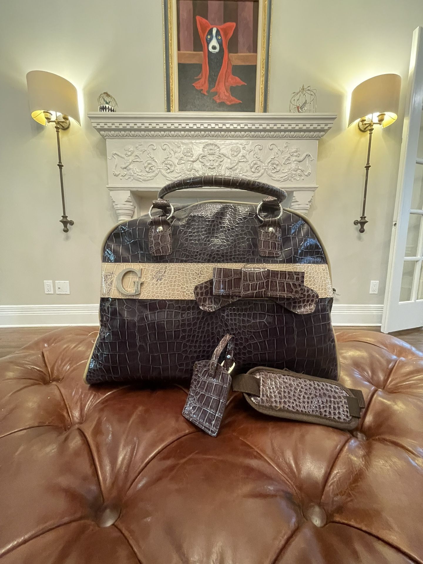 Guess Black Tan Vegan Leather Crocodile Double Handle Carry On Travel Duffle Bag