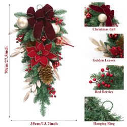 SHACOS 30" Christmas Teardrop Swag Xmas Door Swag Artificial Red Poinsettia Christmas Stair Swag with Pine Cones Bow Red Berries Christmas Balls Windo