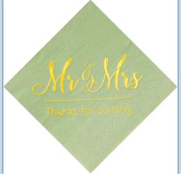 Sage Green Napkins Mr & Mrs Gold Cocktail Beverage Dessert Napkins for Engagement Party Decorations,