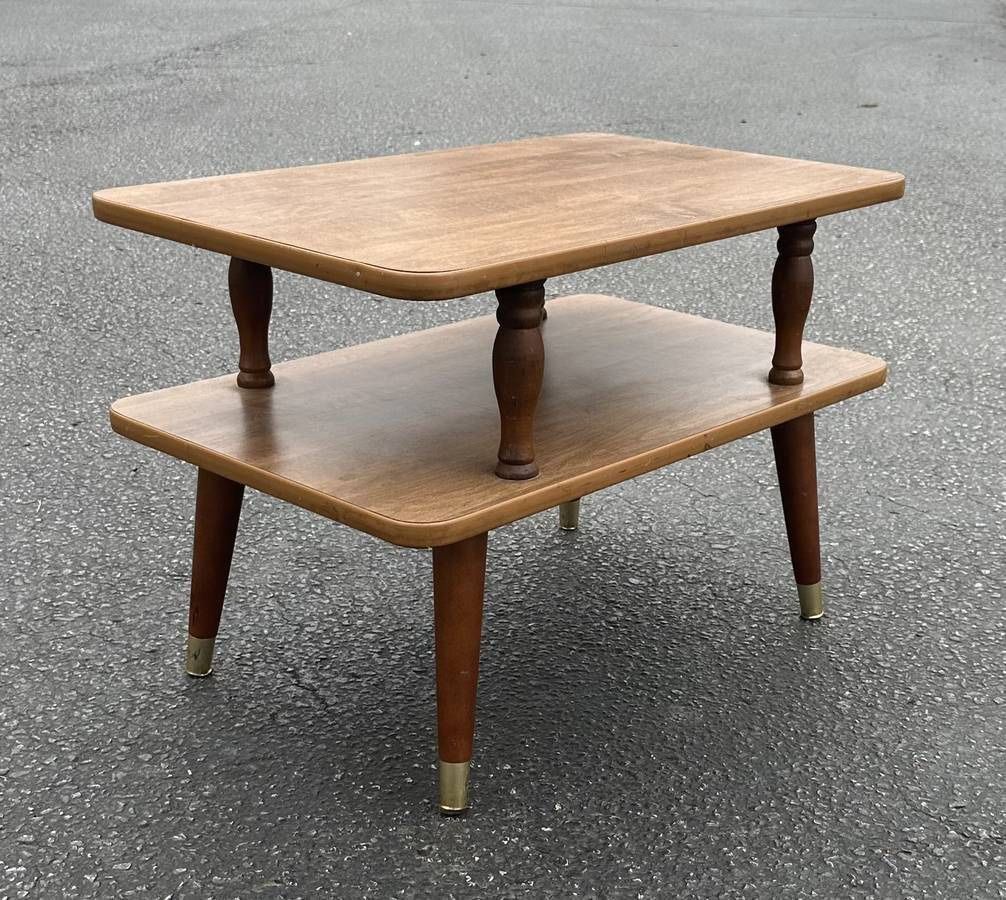 Vintage Mid Century Modern MCM 2 Tier Accent Plant Stand Side End Table Magazine Rack Nightstand