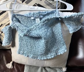 GUESS Light Blue Smocked Crop Top with Ruching Medium