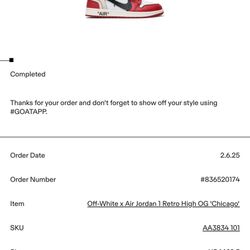OW Chicago Jordan 1 Sz10.5 oG All