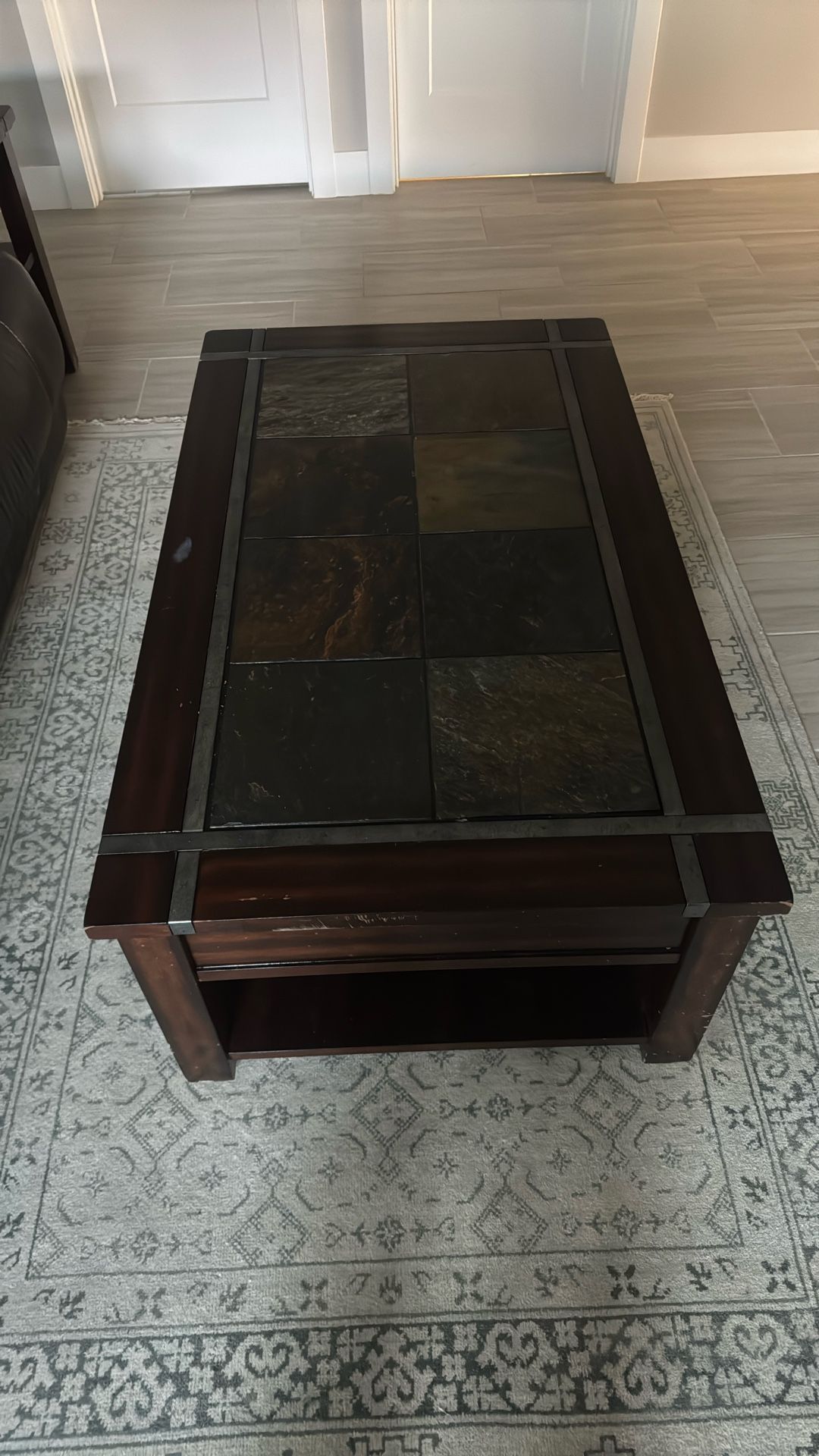 Roanoke Cherry And Slate Rectangular Lift Top Casters Occasional Table Set