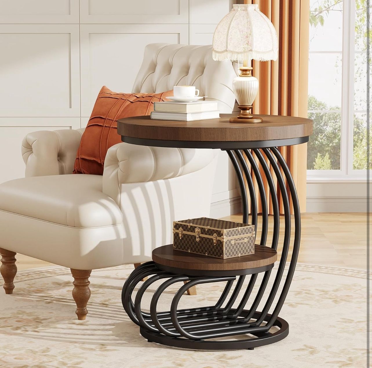 Round End Side Table: Side Table with 2 Tiers, Vintage End Table