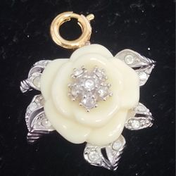 Nolan Miller Silver tone Clear Rhinestone Cream Lucite Camellia Rose Charm