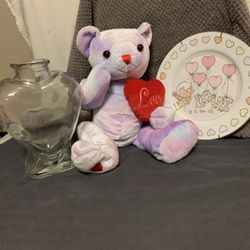 Glass Heart, Teddy Bear 🧸 W/red Heart, Plate