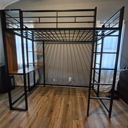 Merax Twin Metal Loft Bed with 2 Shelves and one Desk,Loft Bed Frame with 2 Built-in Laddersl,Noise Free,No Box Spring Neede,Black