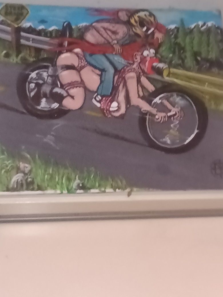 Painted By " ( Anonymous Artist ) " On Framed Canvas Guy Take - N - His Girl For A Ride - On - Motorcycle "She Is The Bike"
