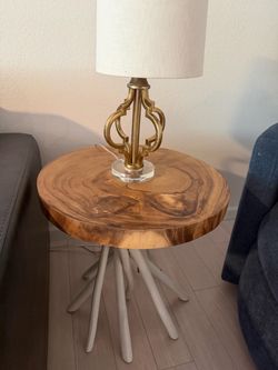 Natural Wood Side Table & Gold Accent Lamp