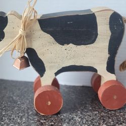 Primitive Wooden Cow On Wheels Farmhouse Decor 7" Tall