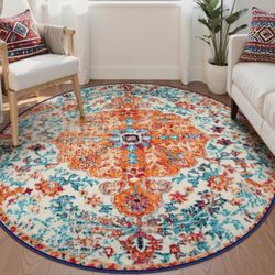 Lahome Reine Bohemian Floral Medallion Round Rug - 6Ft Soft Rug for Living Room Washable Rug for Dining Room, Vintage Faux Wool Non Slip Cute Table Th