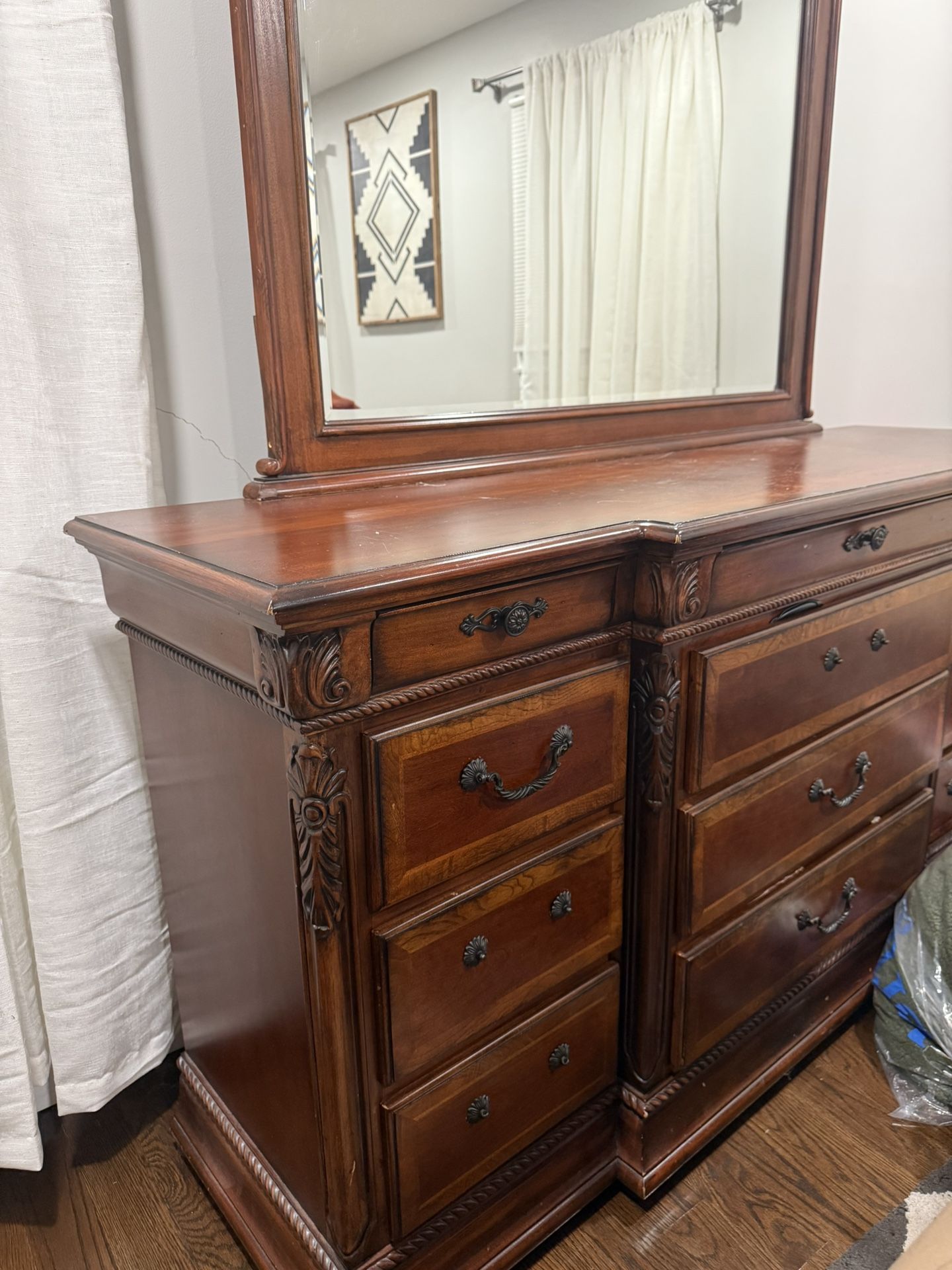Vintage Dresser and Mirror Set Solid Wood Dark Brown Mahogany