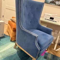Faux Suede, Blue Studded High Back Wingback Armchair