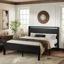 Black Oak Queen Size Metal Platform Bed Frame with Wood Headboard and Footboard & Metal Slat