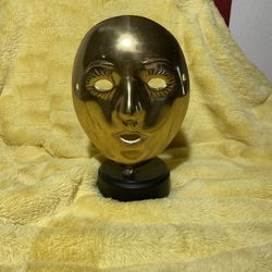 VINTAGE SOLID BRASS AUTHENTIC MARDI GRAS MASK FROM NEW ORLEANS - CUSTOM MOUNTED SOLID WOOD BASE