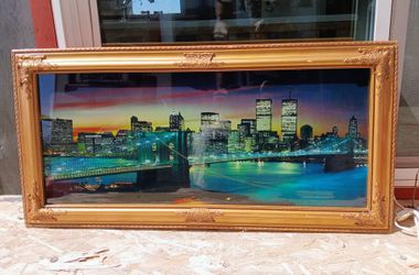 Lighted New York City Skyline TWIN TOWER'S Framed Picture Print W/Water Sounds