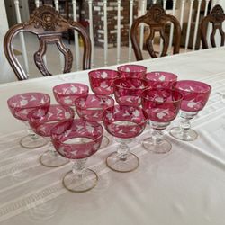 Vintage Elegant Cranberry/Ruby Band Stemware – Acid-Etched Floral – Gold Gilt Rim & Foot – Optic Ball Knop Stem (Set of 12: 6 Tall + 6 Short)