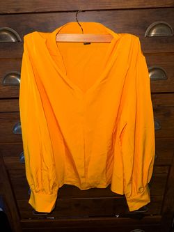Orange V-Neck Blouse with Puff Sleeves