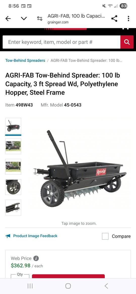 AGRI-FAB Tow-Behind Spreader: 100 lb Capacity, 3 ft Spread Wd, Polyethylene Hopper, Steel Frame