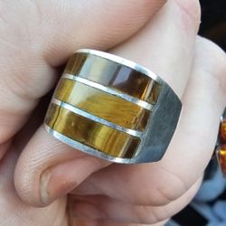 VINTAGE MENS STERLING SILVER TIGER EYE RING
