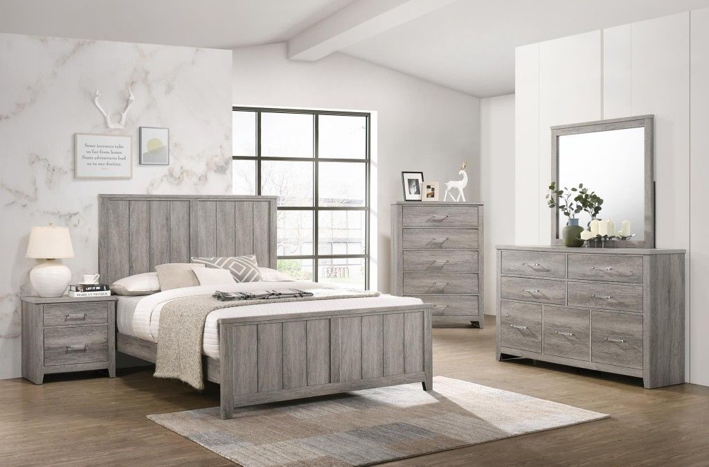 New! 5PC Grey Queen Panel Bedroom Set