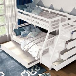 Brand New White Twin Over Full Bunk Bed w Staircase and Trundle Twin Mattress IncludedBonita Litera  Full-twin Con Trundle Twin Escaleras Con Cajones 