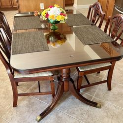 Antique Mahogany Wood Dining Set w 6 Chairs Custom Glass Top