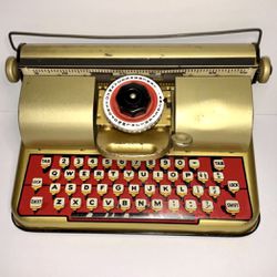 Vintage Berwin SUPERIOR Gold Tin Toy Typewriter Nice !