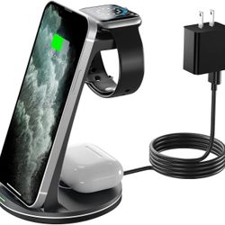 Fast Wireless Charger Charging Stand Station Qi Certified Smart Phone iphone 8-13 iwatch Se-7 Airpods Pro 2 3 Samsung Galaxy +Adapter +2 Yr Warranty 