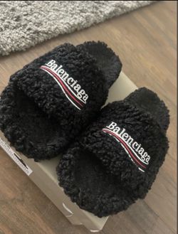 Black Balenciaga fur slippers