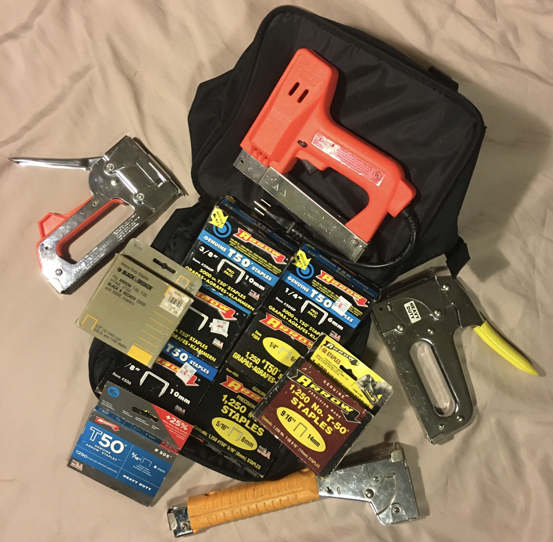 T50P HEAVY DUTY Hammer Tacker, ETF50BN Electric Stapler+Nail Gun, T50PBN HEAVY DUTY 3/8” Stapler+Nail Gun PLUS T2025 Dual Staple Gun/Wire Tacker+ BAG