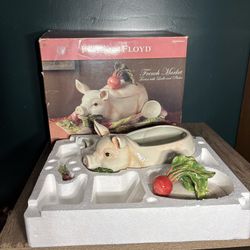 NIB FRENCH MARKET vtg ceramic soup tureen bacon pork pig bowl platter fitz floyd