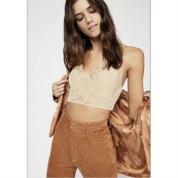 FREE PEOPLE ONE Beige Tan Boho Flocked Velvet Crochet Adella Strappy Bralette