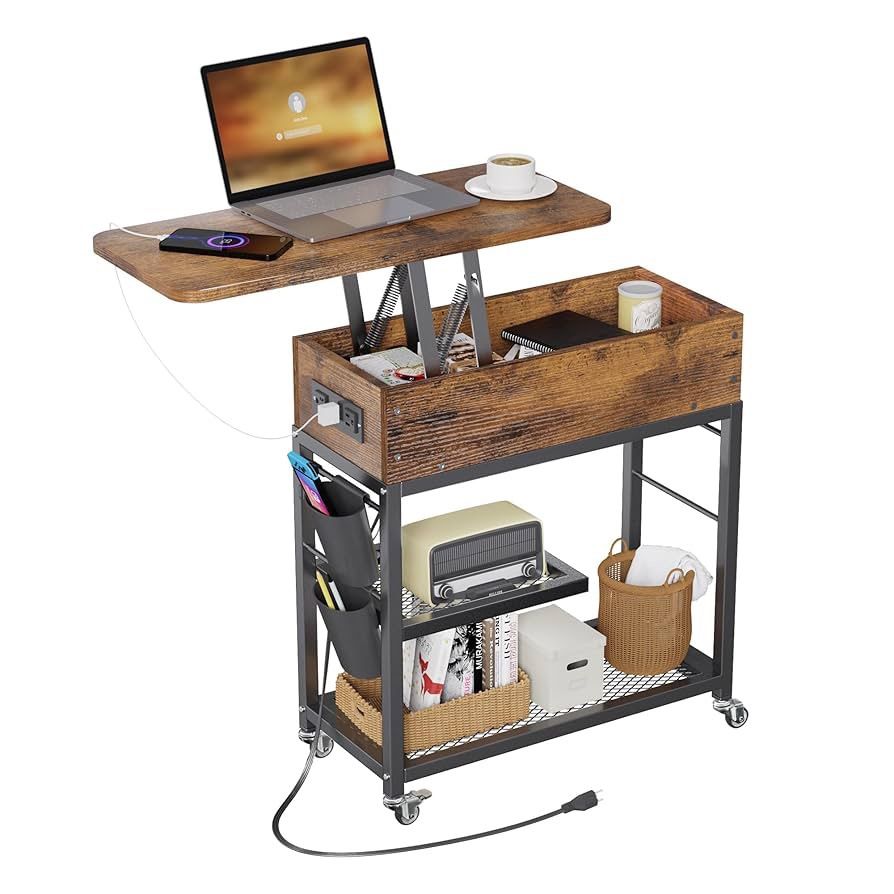 Colima Lift Top End Table with Charging Station and Wheels, Sofa Side Table with USB Port & AC Outlets, Movable Bedside Nightstand with Side Bag for O