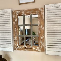 Rustic Window Mirror With 2 White Rustic Shutters 