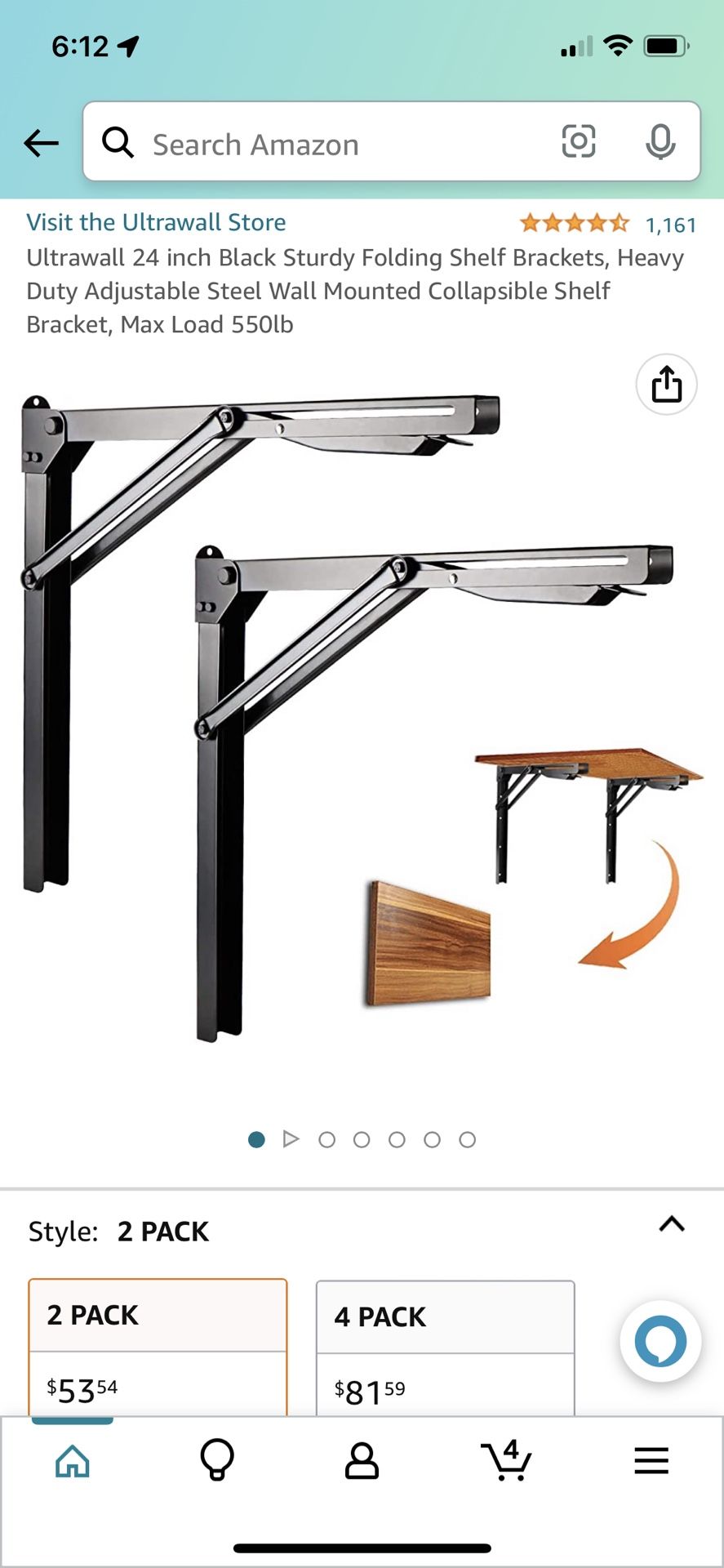 Ultrawall 24 Inch Black Sturdy Folding Shelf Brackets, Heavy Duty Adjustable Steel Wall Mounted Collapsible Shelf Bracket, Max Load 550lb