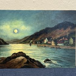 Splendid 1934 Nocturnal Moonlit Bay Seascape Oil Painting by Oscar E. Peterson