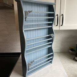 Upcycled Distressed Blue Three Tier Wooden Wall Mounted Display Shelf