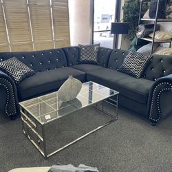 Black Velvet Sectional Sofa With Diamond Tufting And Nailhead Trim