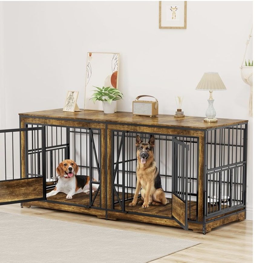 86 Inch Double Dog Crates Furniture for Large Dogs, Duty Dog Kennel Indoor with Adjustable Divider and 4 Bowls, XXL Dog Cage Furniture TV Stand