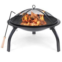 22in Folding Steel Fire Pit Bowl w/ Mesh Cover, Poker