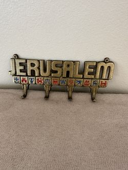 Vintage 1970s Brass Jerusalem Key Holder, Zodiac Wall Hanging Organizer