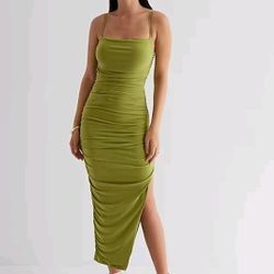 Body Contour Mesh Ruched Side Slit Midi Dress 