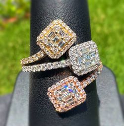 Jewelry 14k solid tri tone gold natural baguette diamond 0.84CTW bypass ring 7.50