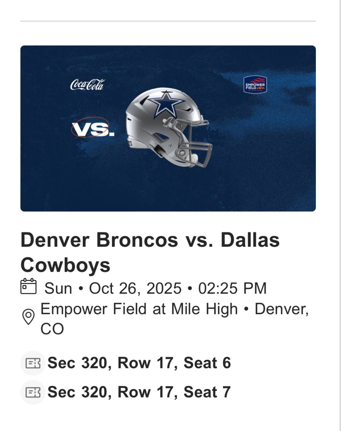 Broncos Vs Cowboys     (Two Tickets)