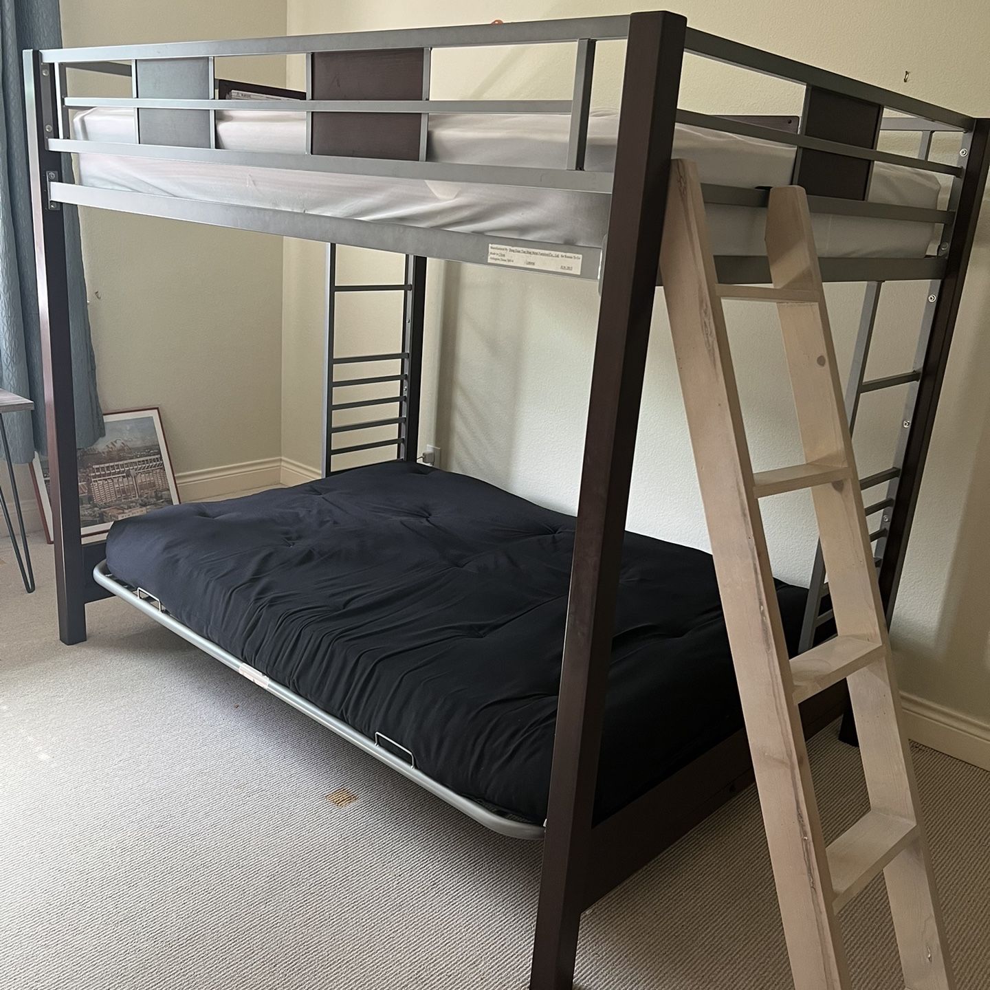 Metal Size Full Bunk Bed With Futon, Ladder And Mattress 