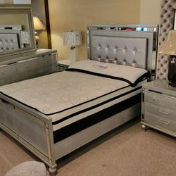 Queen Grey Silver Bed + 2 Nightstands + Dresser Mirror